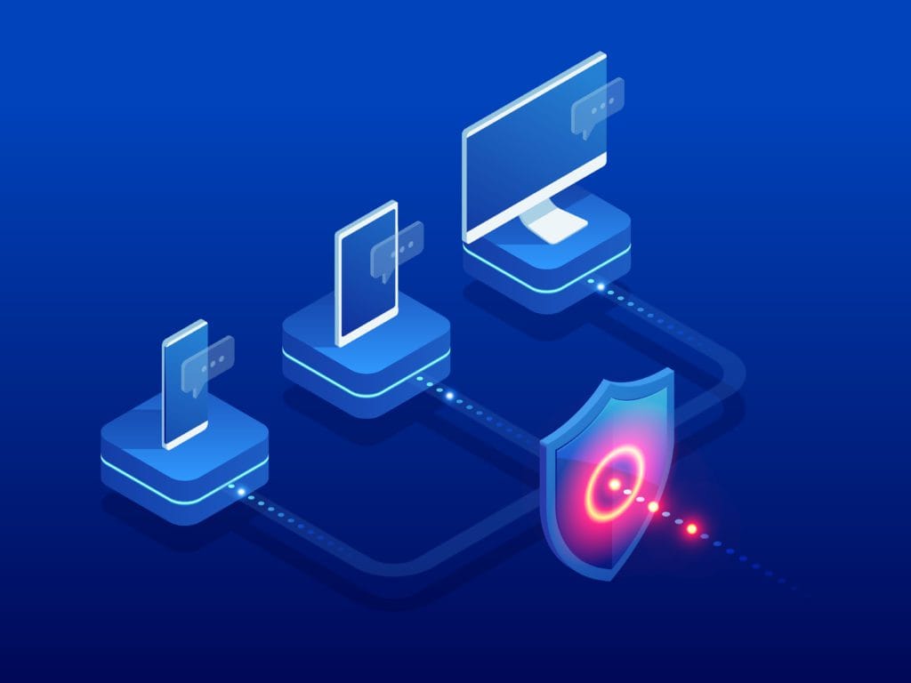 An illustration of a cybersecurity shield positioned in front of a smartphone, tablet, and laptop, symbolizing protection against cyberattacks
